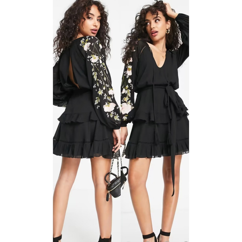 NWT ASOS DESIGN Blouson Sleeve Tiered Mini dress Black Floral Embroidery Size 6P